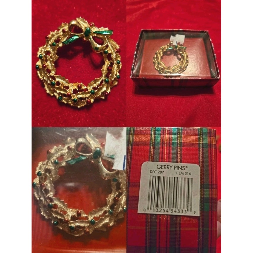 NOS IOB Vintage Gerry's Christmas Wreath Pin Brooch Red Green Enamel Wreath Pin